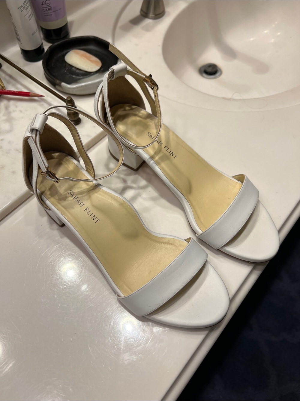 Sarah Flint White Ankle-Strap Block Heel Sandals
